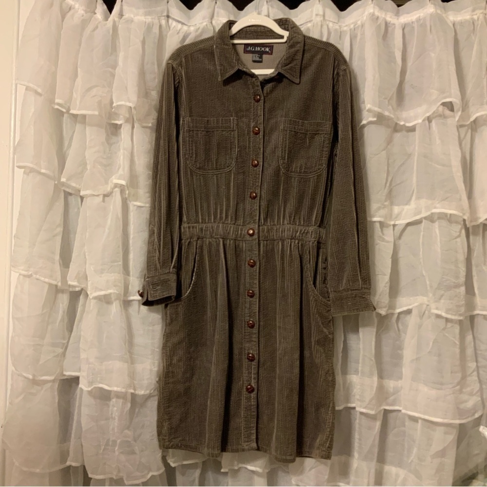 Vintage plus size J. G. Hook brown corduroy button down shirt dress